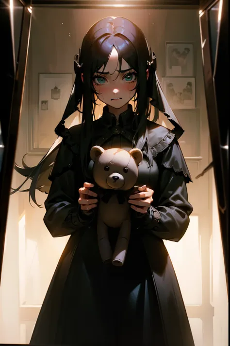 1girl, (cowboy_shot:1.2), face focus, long hair, sidelocks, scared,(terrified:1.1) expression, holding teddy bear, atmospheric l...