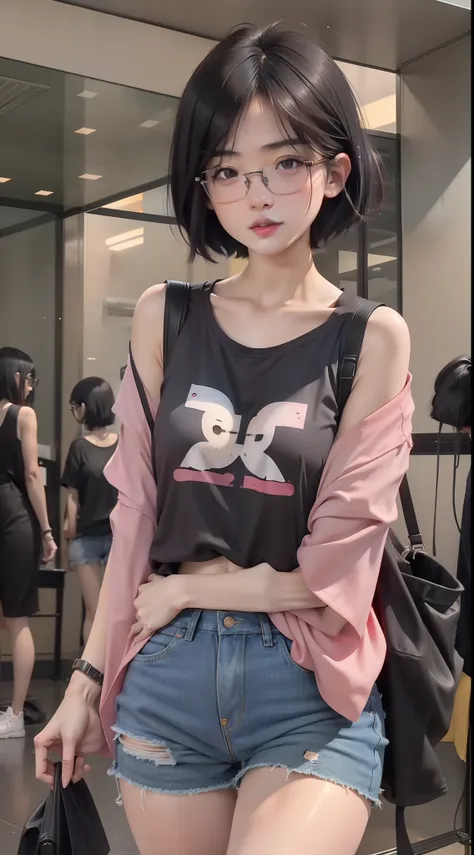 Short haired girl, perfect body, asian, glasses, standing, black hair, black eyes, pink lips, short denim, loose t shirt, big thighs, long legs, medium chest, cute face, red cheeks, straight hair