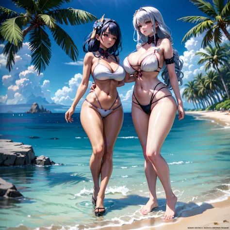 Three beautiful fair-skinned women in bikinis pose for a group photo on the beach, seductive anime girls, beautiful and seductive anime woman, Guviz-style artwork, Perfect white haired girl, Guviz, Beautiful anime girl, ross tran. scenery background, in be...