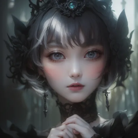 Gothic Girl、makeup、close up of face、(realisitic、hight resolution)、(1 girl in)、Do-Up Eye、Korean Girl、(Best Quality), (masutepiece), (1girl in), Solo, a beauty girl, Perfect face,,dreamlikeart、Highly detailed airbrush art((Surreal))、Volumetric lighting、(top-...