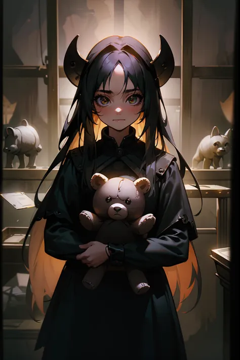 1girl, (cowboy_shot:1.2), face focus, long hair, sidelocks, scared,(terrified:1.1) expression, holding teddy bear, atmospheric l...