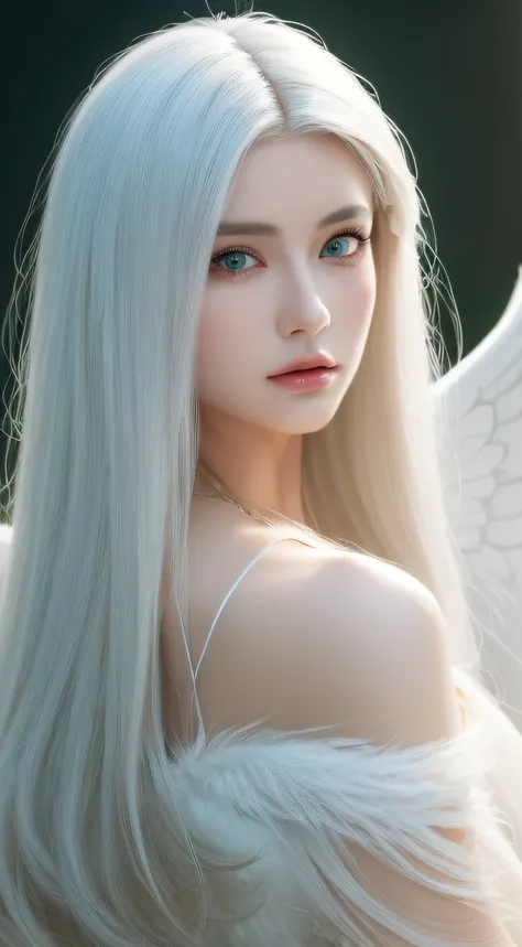 masterpiece, best quality, ultra-detailed, illustration, close-up, straight on, face focus, 1girl, white hair, golden eyes, long hair, halo, angel wings, serene expression, looking at viewer