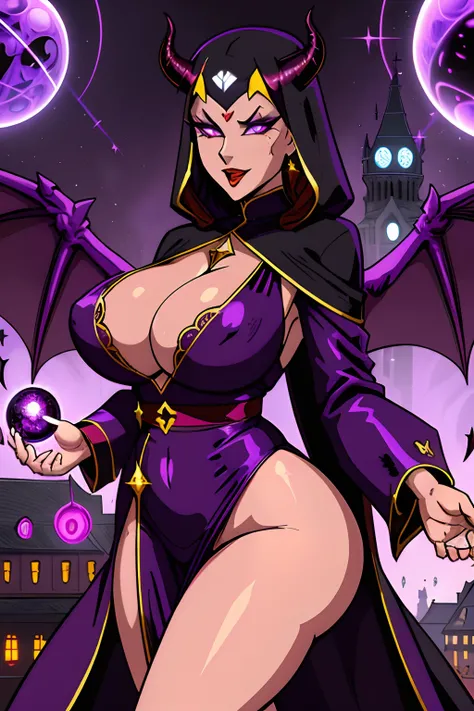 Lisa Ann: The evil nun, Demon horn, Demon wings on the head , sexy robe de nonne, His hands preparing a sphere of purple energy, diabolique, insidieux, His powerful magic hits the buildings of a city , Context of the Satanic Church, detailled eyes, detaile...