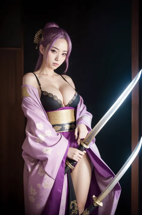 arafed woman in a costume holding a sword and a sword, she is holding a katana sword, very beautiful cyberpunk samurai, female samurai, wearing kimono armor, ornate korean polearm behind her, she is holding a sword, holding a sword on her shoulder, wearing...