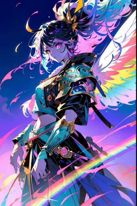 masterpiece, best quality, highly detailed, beautiful colorful fairy, blue hair, big shining wings, pink eyes, hyper realistic face, rainbow eyes, fantasy style, ((holding a white katana:1.0)), determinated expression, serious expression, ((full body:1.0))...