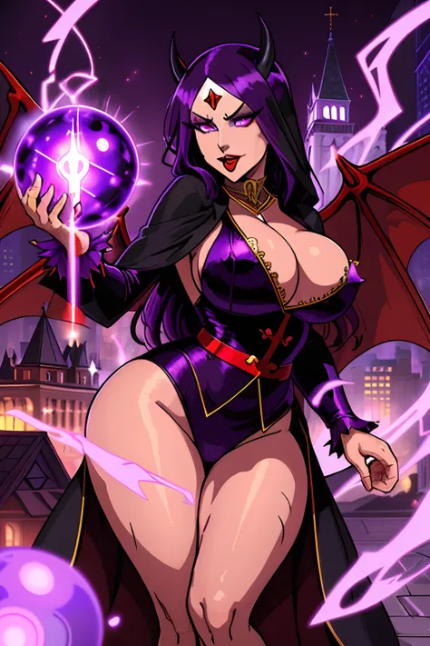 Lisa Ann: The evil nun, Demon horn, Demon wings on the head , sexy robe de nonne, His hands preparing a sphere of purple energy, diabolique, insidieux, His powerful magic hits the buildings of a city , Context of the Satanic Church, detailled eyes, detaile...