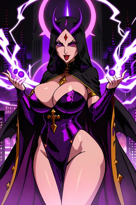 Lisa Ann: The evil nun, Demon horn, Demon wings on the head , sexy robe de nonne, His hands preparing a sphere of purple energy, diabolique, insidieux, His powerful magic hits the buildings of a city , Context of the Satanic Church, detailled eyes, detaile...