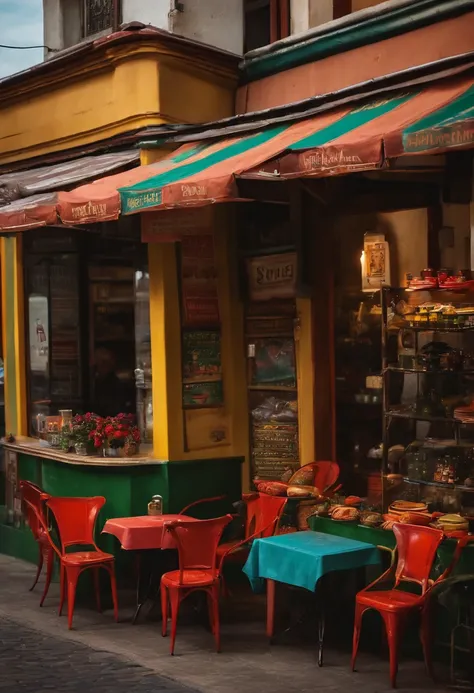 Corner shop sidewalks with tables and chairs , cobertura telhado , cobrindo toda a esquina