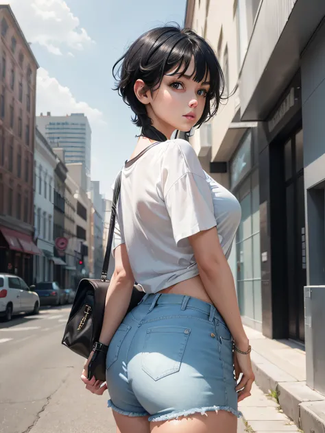 1girl, short black hair, blue eyes, wearing plain white shirt, denim shorts, city, absurdres, high res, ultrasharp, 8K, masterpiece, looking at viewer