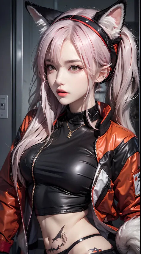 Photorealistic, high resolution, 1 woman, Hips up, Beautiful eyes, Long hair, ringed eyes, jewelry, tattoo, infection monitor (arknights), angelina (arknights), blush, twintails, hairband, animal ears, red hairband, closed mouth, fox ears, bangs, red jacke...