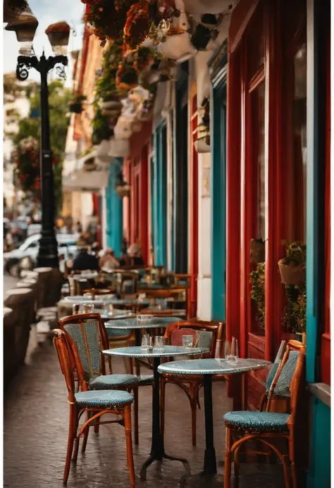 Restaurante de esquina , with two pores on the right side, tables and chair on the sidewalk; , cobertura pegando a esquina toda