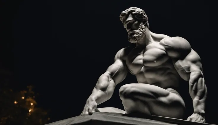 A white marble statue of a muscle, Bearded man with a stern look in a dark square at night, in the style of photographers Annie Leibovitz and Peter Lindbergh.