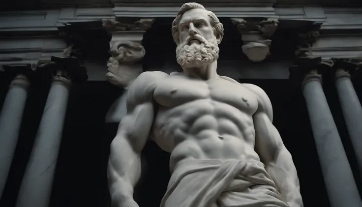 A white marble statue of a muscle, Bearded man with a stern look in a dark square at night, in the style of photographers Annie Leibovitz and Peter Lindbergh.