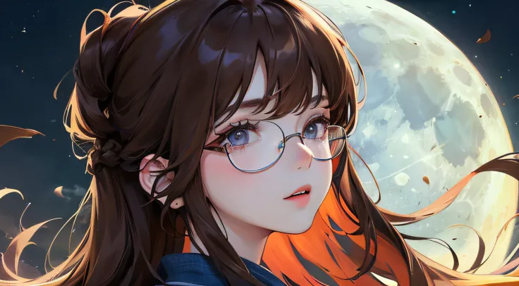 ((Moon Night))、(((1人の女性)))、(Top resolution、Distinct_image) best qualtiy、​masterpiece、ighly detailed、Semi-realistic、Brown hair、eye glass、Braided hairstyle、((Lonely look))、bangss、21 years old、Mature、年轻、Open outdoors、Blue shirt、delicated facial features、Facia...