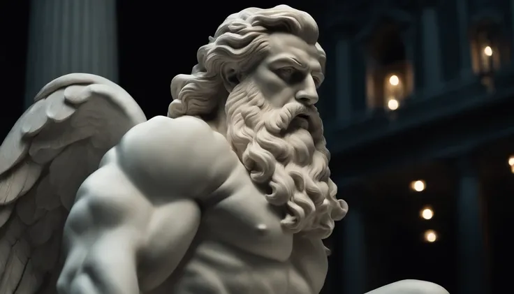 A white marble statue of a muscle, Bearded man with a stern look in a dark square at night, in the style of photographers Annie Leibovitz and Peter Lindbergh.