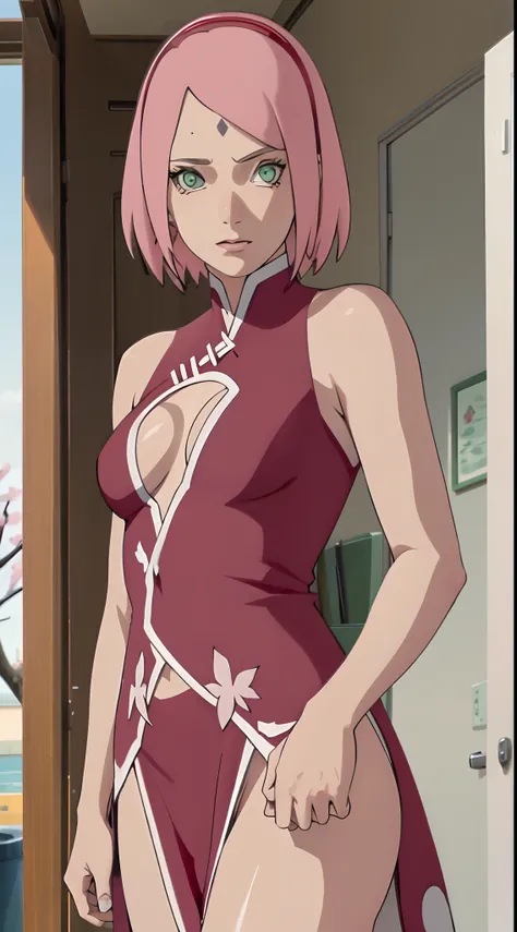 tmasterpiece， Best quality in the best， 1girll， Sakura Haruno，Erwachsene, big boobs，schulterfreie Kleidung，（Spaltung)，（upper body close-up)，Sexy erzogen，is shy，missmutig，mit rosa Haaren， lange rosa Haare， （green eyes:1.4)， rotes Haarband ， The cherry trees...