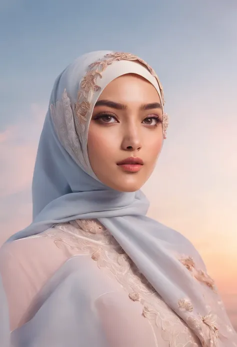 masterpiece, best quality, movie still, 1 malay girl in hijab, cloud girl, floating in the sky, close-up, bright, happy, warm soft lighting, sunset, (sparks:0.7)