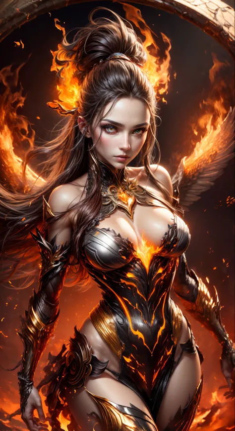 This is a realistic fantasy artwork prominently featuring realistic fire, including wisps of flames, glowing hot embers, subtle curls of smoke, and a beautiful fire druid. The druid stands in the midst of a raging inferno with an interesting composition. H...