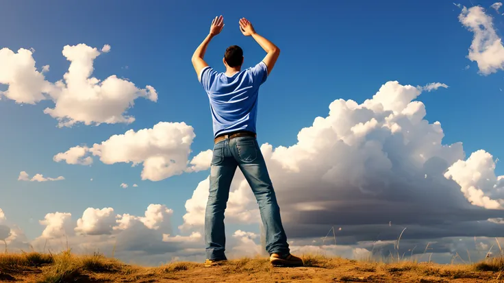 Sunny day, a man stands on a hill and raises his hand to the sky --auto --s2