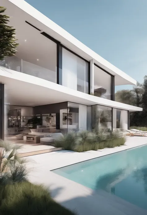 Modern minimalist white Dublex house, outside, Wood material, glass, concrete, Pool water, With a swimming pool in the house, Lux car in the field