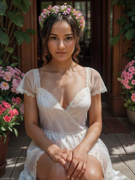 RAW, analogue, Nikon Z 85mm, award-winning glamor photography,((best quality)), ((masterpiece)), ((realistic)), 18th century, vintage image, beautiful woman wearing semi sheer lace dress, wearing a flower crown, 35 years old, brown eyes, sitting outside a ...