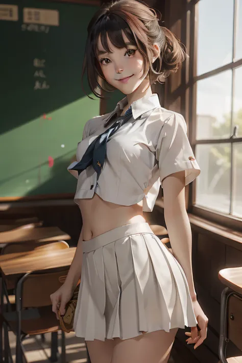 cha. Estillo Petra Collins, Simsborg,‎Classroom, girl, Cute, Cheerful, serafuku, very short length white shirts with open chest, very short pleated miniskirt, Spearard Leg, Standing, Seductive smile, Absurd resolution, Best Quality, absurd details,