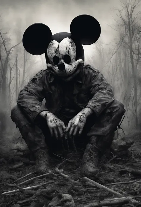 MICKEY mouse, lays dead, burning eheaded, blood everywhere, photorealism, hyperreal, full hd, 4k , high res, background with soldiers fighting. Very gory, photography, murder, excessive blood flow, intestins, adolf hitler, kim jung un, missing a leg, knife...