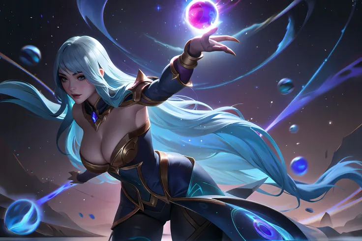 (League of Legends:1.5),Astrid, the Graviton Slinger, is depicted in her splashart as a powerful and enigmatic force, wielding her gravitational manipulation abilities with mastery. The scene takes place in a celestial realm, where stars and cosmic energy ...