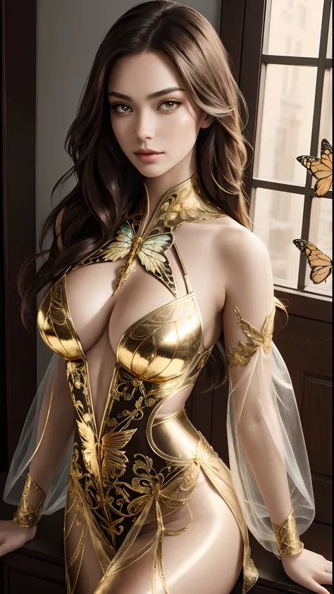 Beautiful cyborg portrait with 8k brown hair，iintricate，ellegance，Highly meticulous，A majestic，Digital photography，Art by Artgerm and Ruan Jia and Greg Rutkowski surrealist paintings of golden butterfly filigree，brokenglass，（tmasterpiece，Sideslit，exquisite...