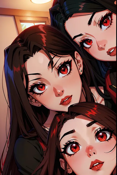 Megumin (black hair, red Eyes) with her little three daugheters: Esmeralda (brown hair , red eyes). Ruby (Red Hair, green eyes),Aria Rose (Black hair, blu eyes)