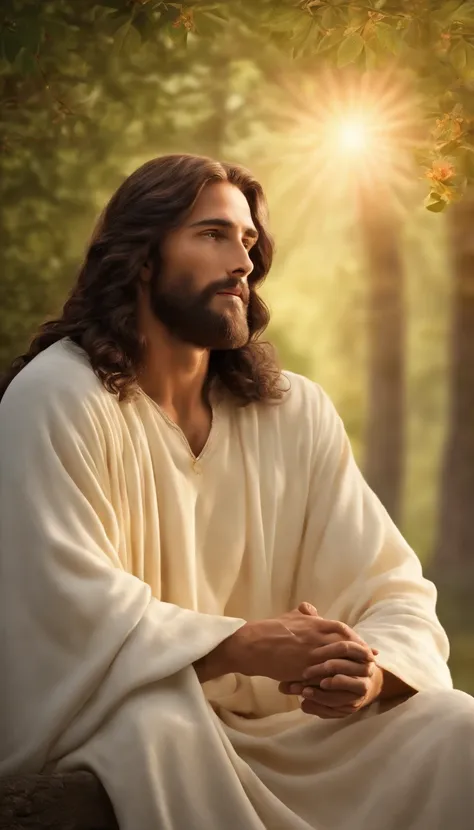 Please create a high-definition image of Jesus Christ in a serene and inspiring setting, where He radiates love and compassion. The image should capture His kindness and divinity, with soft colors and an atmosphere of peace. Ensure that the image is detail...