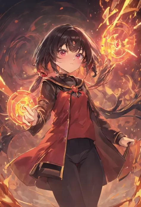 Megumin have black hair, red Eyes) with her little daugheters: Esmeralda have brown hair , red eyes). Ruby have Red Hair, green eyes), Aria Rose have Black hair, blu eyes)