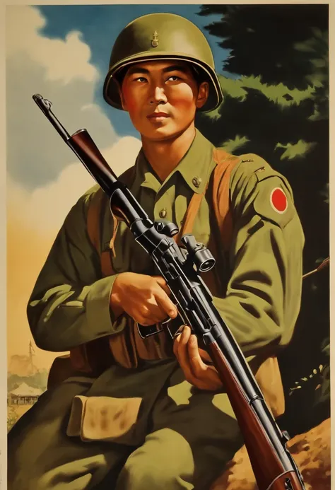 propaganda poster, japanese soldier, pointing out, retro, holding rifle, army