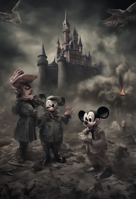 Mickey Mouse, razor sharp teeth, nazi uniform, Donald Duck stabs Mickey mouse, donald wears islamic clothing, zombie flamingos in the background, disney castle burning and destroyed, high detail, photorealism, hyperreal, very detailed background