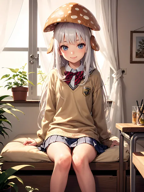 (platinum hair, long hair:1.3), small nose, sexy lip, (medium breast), (embarrassed), smile, 
 break
(school uniform:1.3), (mushroom on head:1.3), (✌️:1.3), (sitting:1.2), (from side:0.3), (fisheye:1.2), (muscular:0.8), (tedy bear:1.3), (perspective:1.3), ...