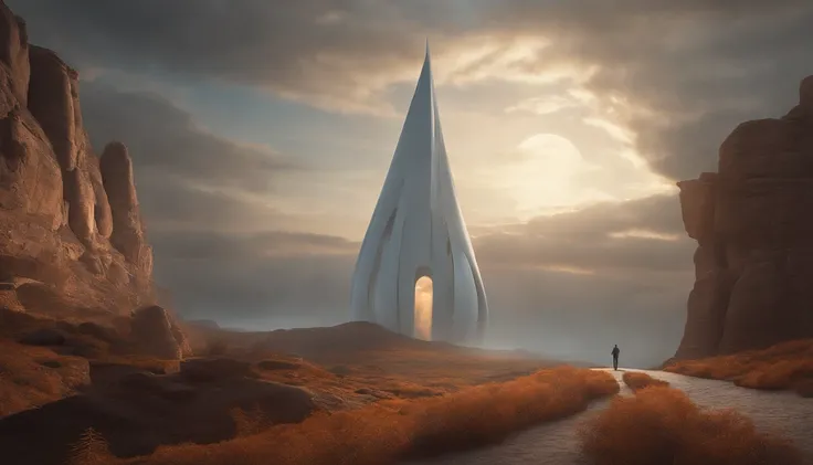 Stuart Lippincott style，God Online，in awe，Light，The Divine World，Floating huge futuristic statue，Skysky，Awe-inspiring and peaceful，Detailed composition，Subtle geometric elements，refuge，Fresh and soft atmosphere，amber hues，Tiny human figures surround huge s...