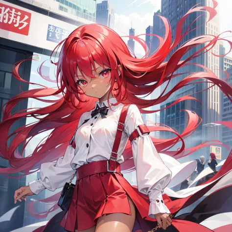 cute, pettite, seetrough clothes, modern, city, high quality anime style, shiny eyes, long red hair, dark skin