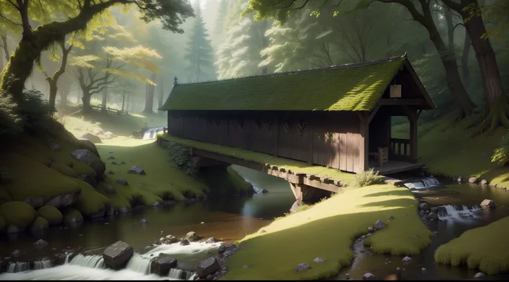 Lumk crosses a quaint moss covered bridge over a sparkling stream,3D style animation,high resolution, detailed elements, Complete body complete head ,4k