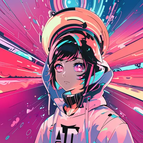 Anime girl with hoodie and hoodie on colorful background, anime style 4 k, portrait anime space cadet girl, cyberpunk anime girl in hoodie, anime style illustration, Anime style. 8K, anime art wallpaper 4k, anime art wallpaper 4k, Anime art wallpaper 8k, d...