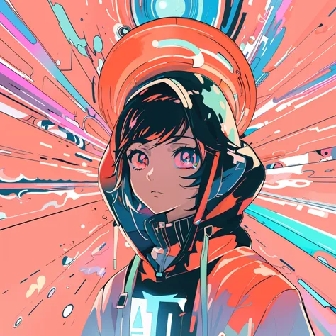 Anime girl with hoodie and hoodie on colorful background, anime style 4 k, portrait anime space cadet girl, cyberpunk anime girl in hoodie, anime style illustration, Anime style. 8K, anime art wallpaper 4k, anime art wallpaper 4k, Anime art wallpaper 8k, d...