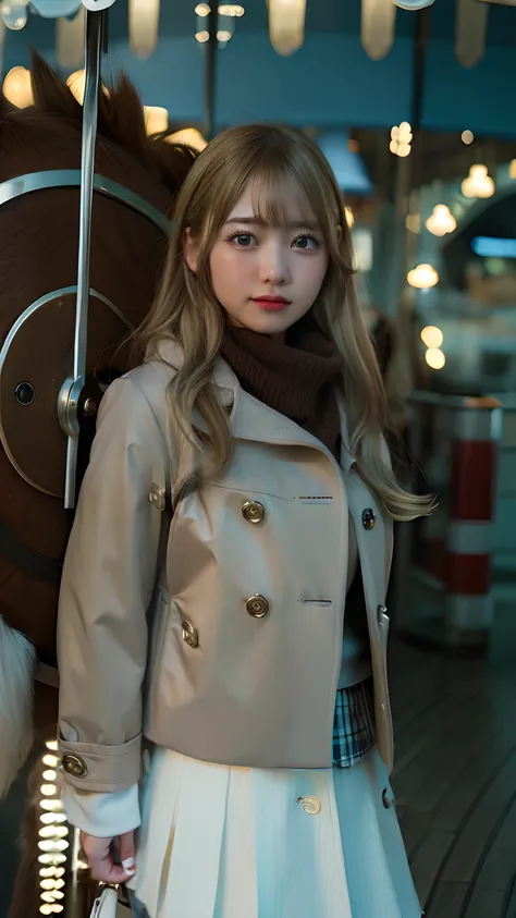 1girl, winter outfit, Carousel, blonde hair, realistic detail, 70mm lens, brown jacket, white skirt, undawn game