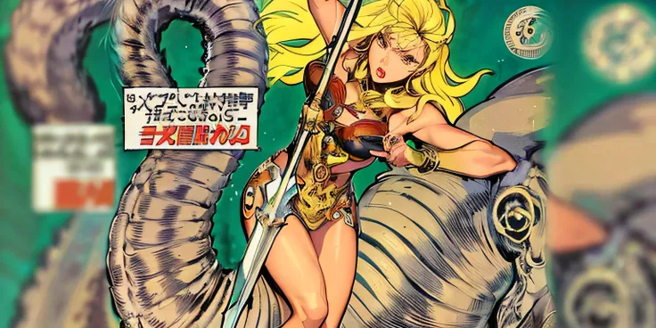 superheroine sheena, the queen of the jungles, long blonde hair, torn animal print dress, holding a knife, standing, sfw, perfec...