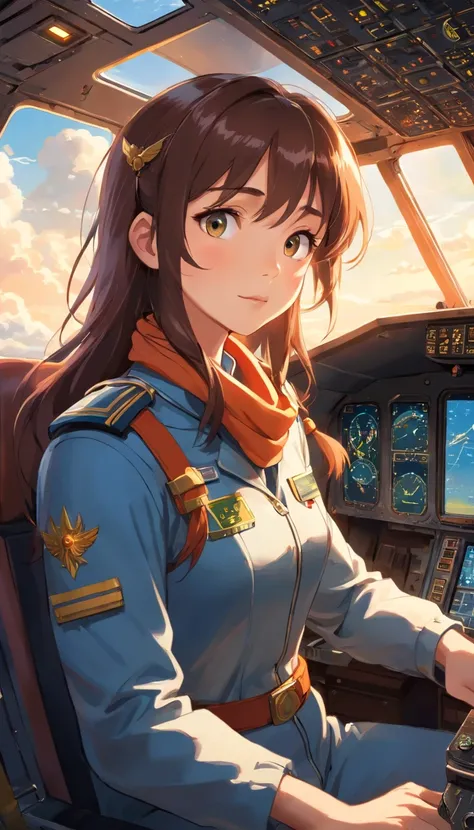 masterpiece, Portrait of a beautiful young pilot sitting in the cockpit, The pilot wears an Acrisp suit..., Custom flight suit,Embellished with scarves and patches that represent their experience and expertise....  The pilot wears the captains helmet..., C...