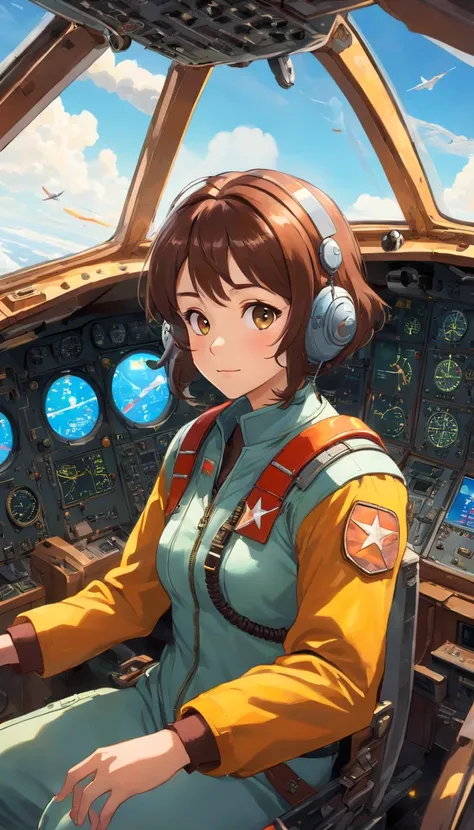 masterpiece, Portrait of a beautiful young pilot sitting in the cockpit, The pilot wears an Acrisp suit..., Custom flight suit,Embellished with scarves and patches that represent their experience and expertise....  The pilot wears the captains helmet..., C...