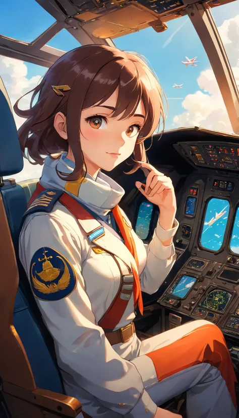 masterpiece, Portrait of a beautiful young pilot sitting in the cockpit, The pilot wears an Acrisp suit..., Custom flight suit,Embellished with scarves and patches that represent their experience and expertise....  The pilot wears the captains helmet..., C...