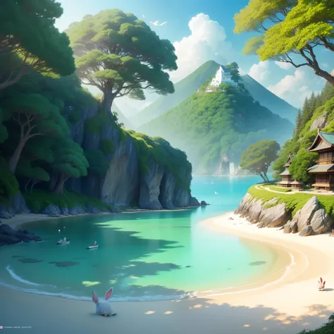 Create an enchanting artwork depicting the famous Rabbit Island in Japan. Visualize a picturesque island landscape covered in lush greenery, with adorable rabbits of various colors and sizes hopping around freely. Include a tranquil beach with crystal-clea...