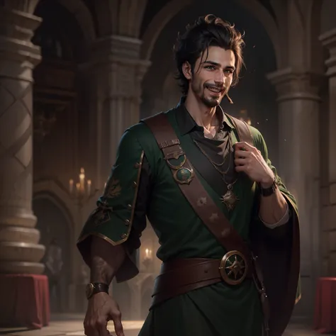 Imagen realista de un hombre, pelo corto oscuro, guapo, 32 years old, ojos verdes, vestido con atuendo oscuro con hombreras verdes estilo guerrero RPG, laughing in a great royal hall