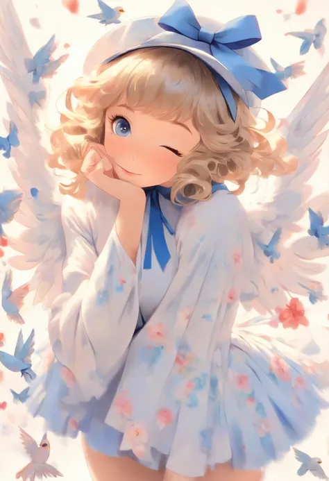 uekura, 1girl, blonde hair, white background, hat, dress, blue footwear, wings, simple background, signature, flower, nail polish, wide sleeves, long sleeves, blush, animal, white flower, solo, full body, bird, looking at viewer, high heels, hand on own ch...