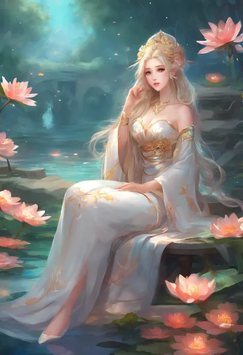 (Best quality,4K,8K,A high resolution,Masterpiece:1.2),Ultra-detailed,(Realistic,Photorealistic,photo-realistic:1.37),anime big breast,Girl sitting on a pond chair,lilies,Palace,A girl dressed in traditional Chinese clothing,gilded lotus princess,Guweiz in...