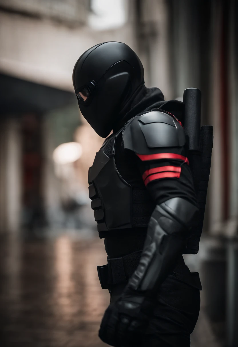 Soldado futurista com um uniforme preto, com capacete preto, with a mask that hides the face, com visor vermelho brilhante, distopia, sombrio, corpo inteiro, em uma cidade, realista, ultra realista, fotografia